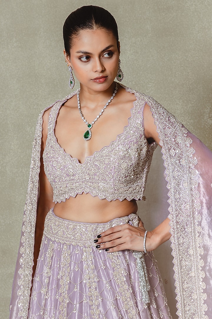 Lilac Tissue Cutdana & Sequin Embroidered Bridal Lehenga Set by Vedant G at Pernia's Pop Up Shop