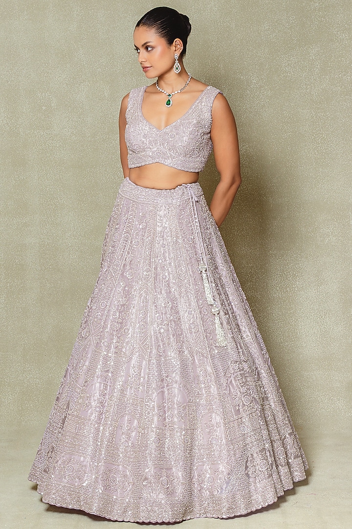 Lilac Tissue Cutdana & Sequin Embroidered Bridal Lehenga Set by Vedant G at Pernia's Pop Up Shop