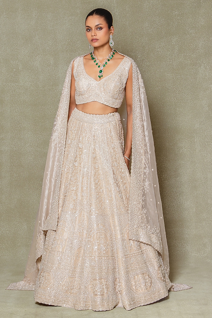 Champagne Tissue Cutdana & Pearl Embroidered Bridal Lehenga Set by Vedant G at Pernia's Pop Up Shop