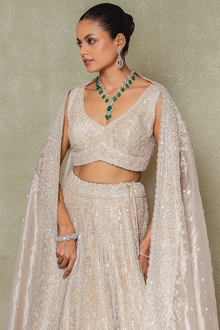 Champagne Tissue Cutdana & Pearl Embroidered Bridal Lehenga Set by Vedant G at Pernia's Pop Up Shop