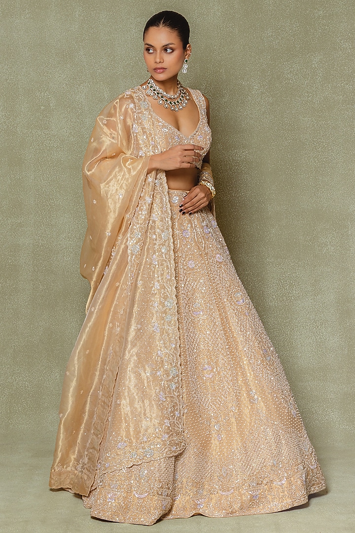 Gold Tissue Cutdana & Pearl Embroidered Bridal Lehenga Set by Vedant G at Pernia's Pop Up Shop