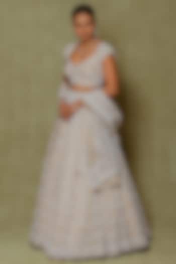 Champagne Tissue Sequin & Pearl Embroidered Bridal Lehenga Set by Vedant G at Pernia's Pop Up Shop