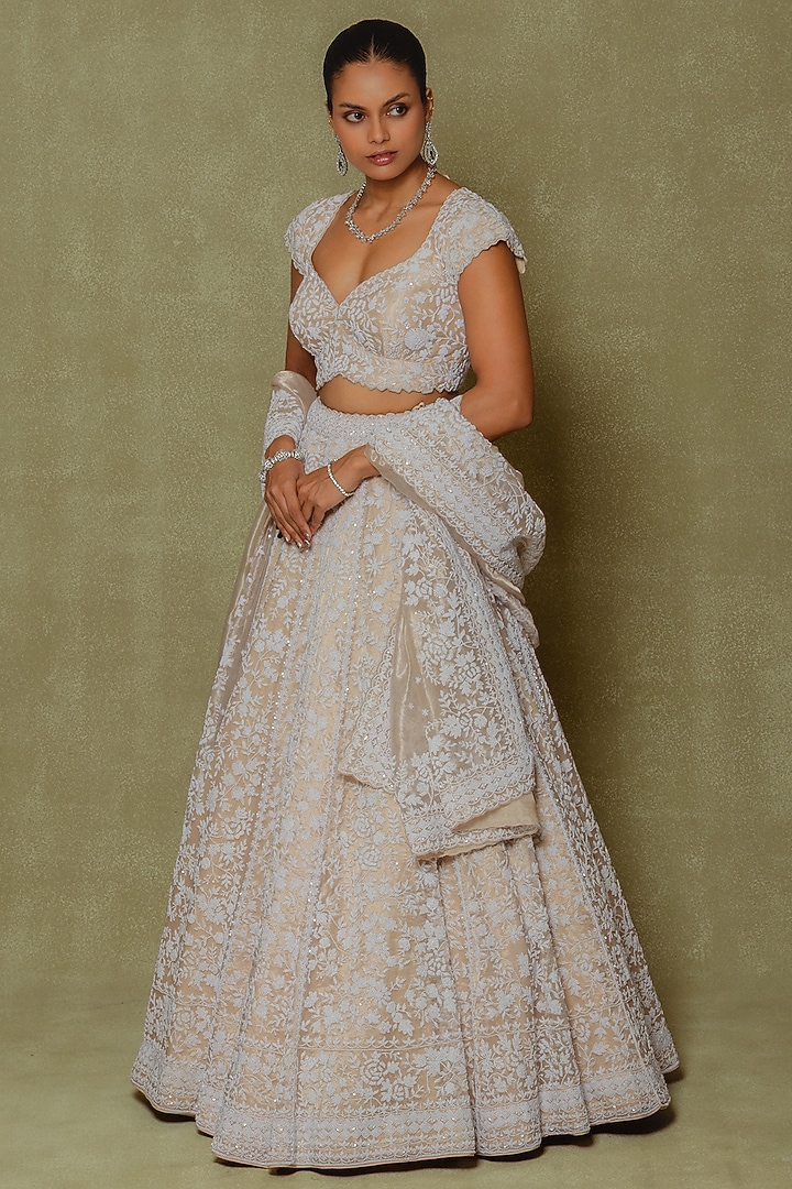 Champagne Tissue Sequin & Pearl Embroidered Bridal Lehenga Set by Vedant G at Pernia's Pop Up Shop