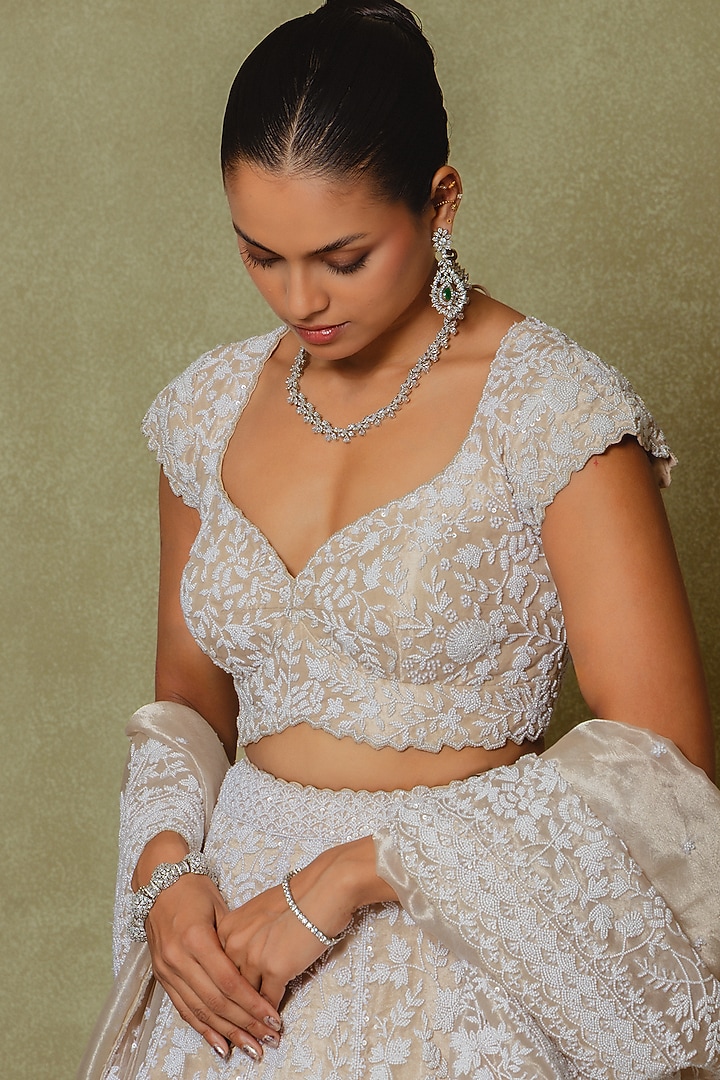 Champagne Tissue Sequin & Pearl Embroidered Bridal Lehenga Set by Vedant G at Pernia's Pop Up Shop