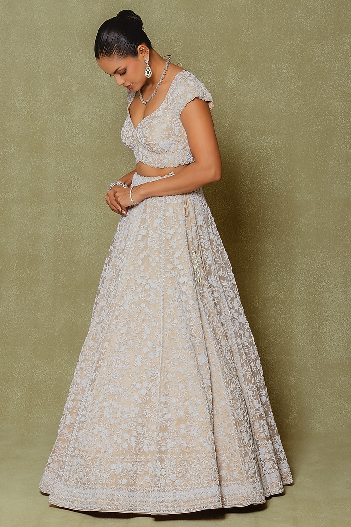 Champagne Tissue Sequin & Pearl Embroidered Bridal Lehenga Set by Vedant G at Pernia's Pop Up Shop