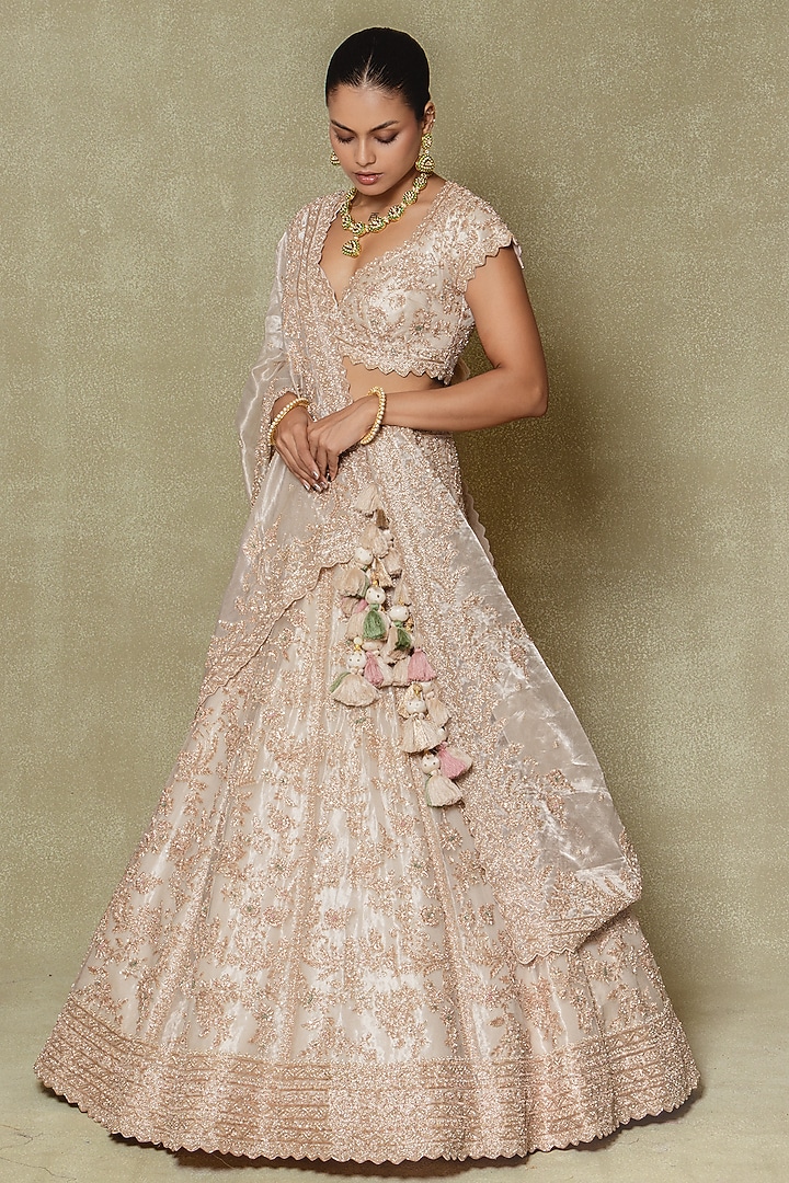 Champagne Silk Zardosi & Sequin Embroidered Bridal Lehenga Set by Vedant G at Pernia's Pop Up Shop