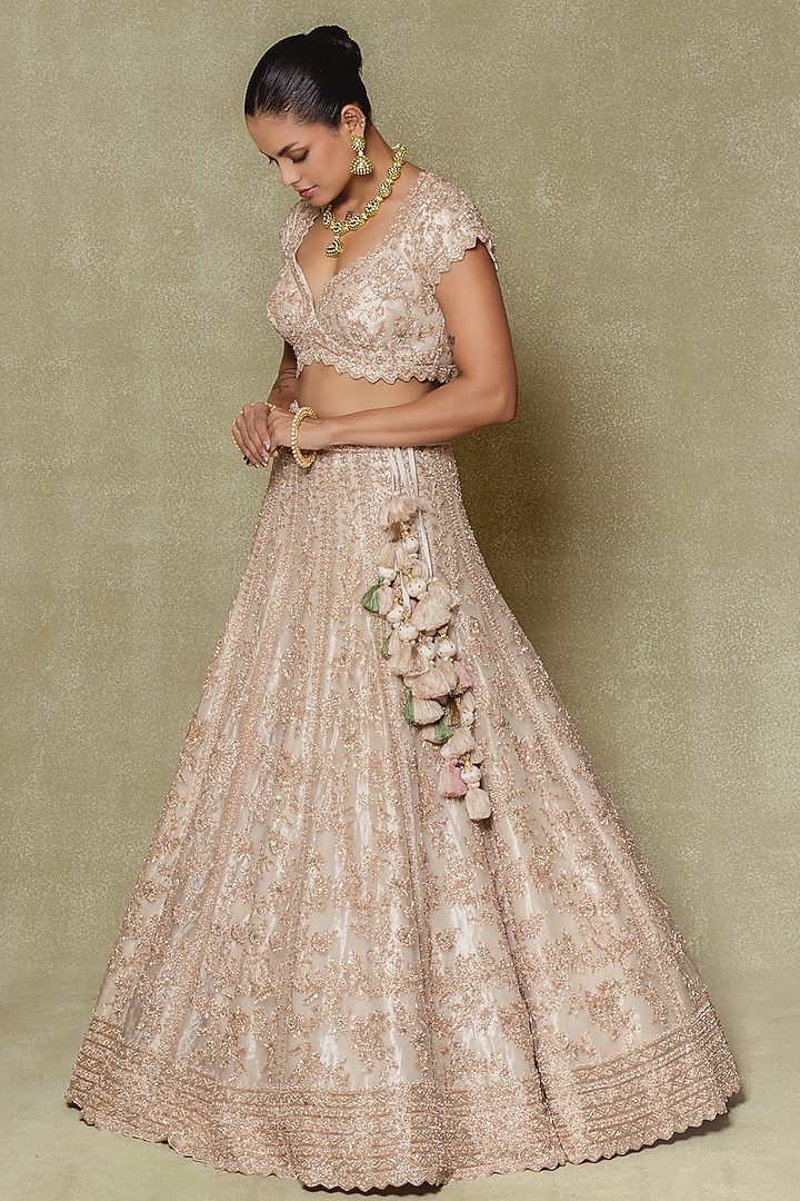 Champagne Silk Zardosi & Sequin Embroidered Bridal Lehenga Set by Vedant G at Pernia's Pop Up Shop