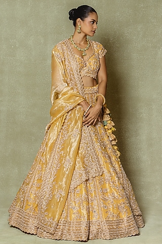 Yellow Silk Zardosi & Sequin Embroidered Lehenga Set by Vedant G