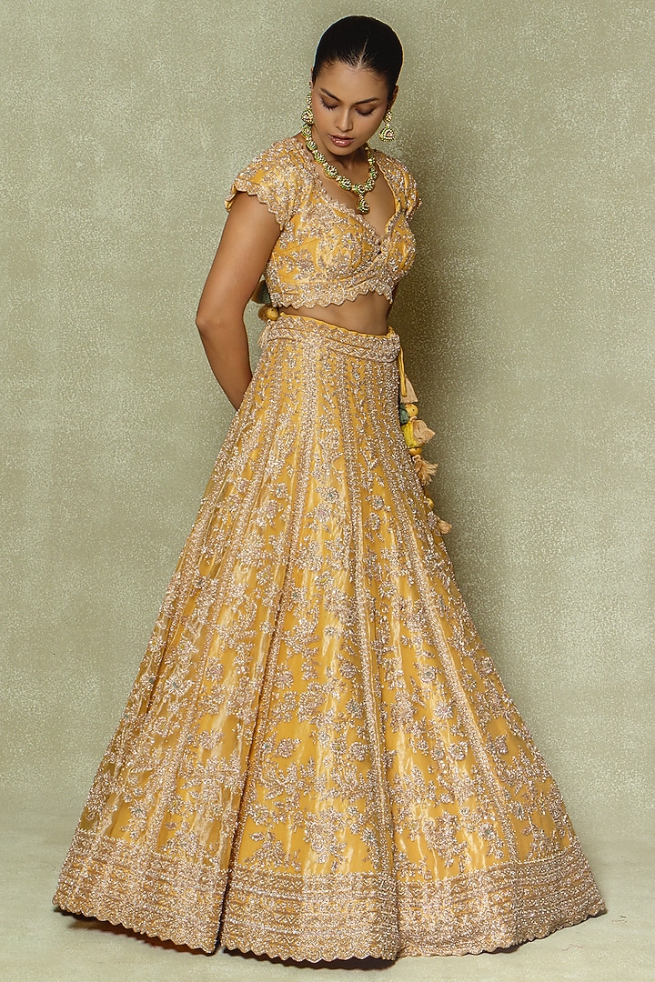 Yellow Silk Zardosi & Sequin Embroidered Bridal Lehenga Set by Vedant G at Pernia's Pop Up Shop