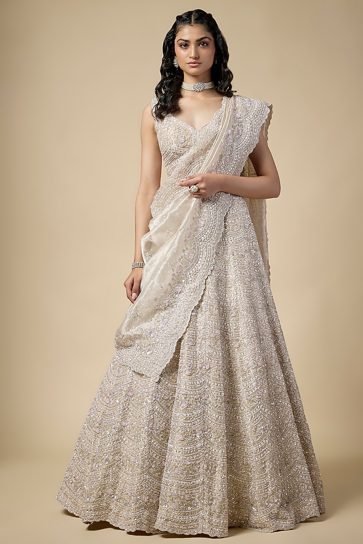 Champagne Tissue Sequins Embroidered Bridal Lehenga Set by Vedant G at Pernia's Pop Up Shop