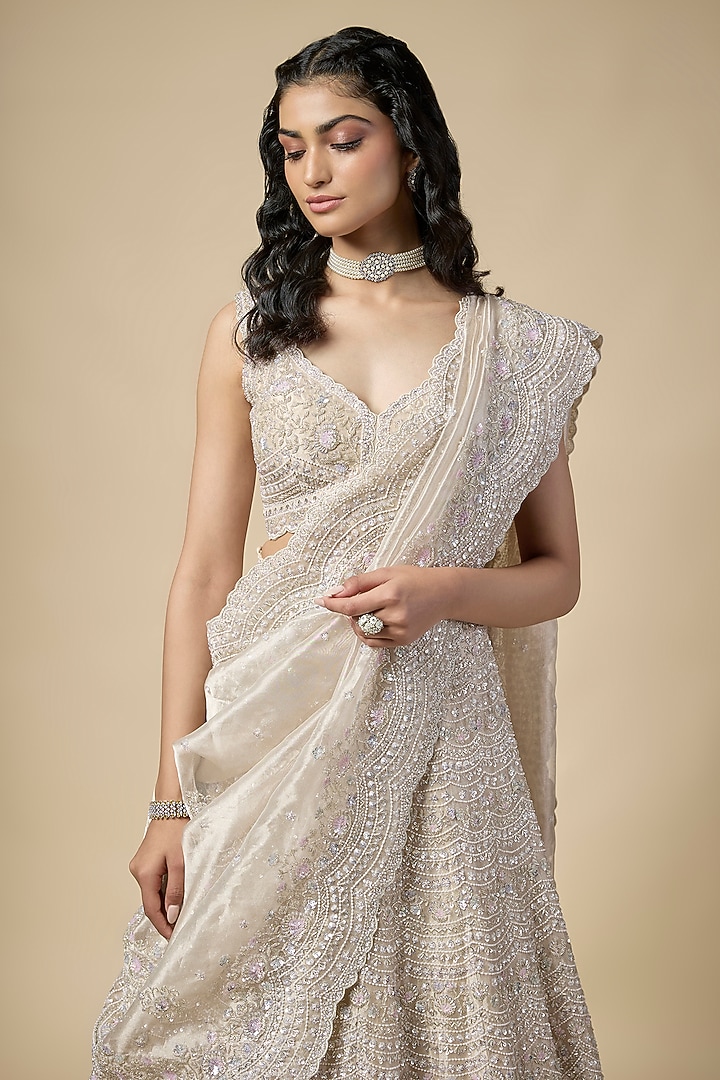 Champagne Tissue Sequins Embroidered Bridal Lehenga Set by Vedant G at Pernia's Pop Up Shop