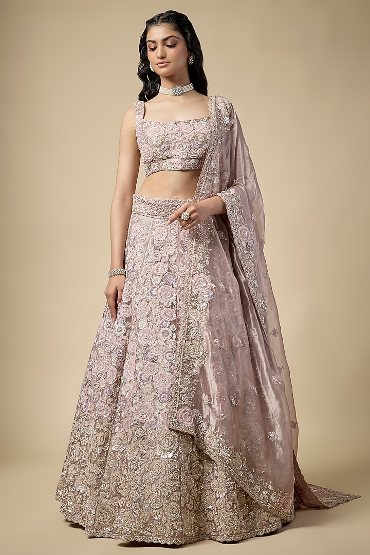 Lavender Tissue Sequins Embroidered Bridal Lehenga Set by Vedant G at Pernia's Pop Up Shop