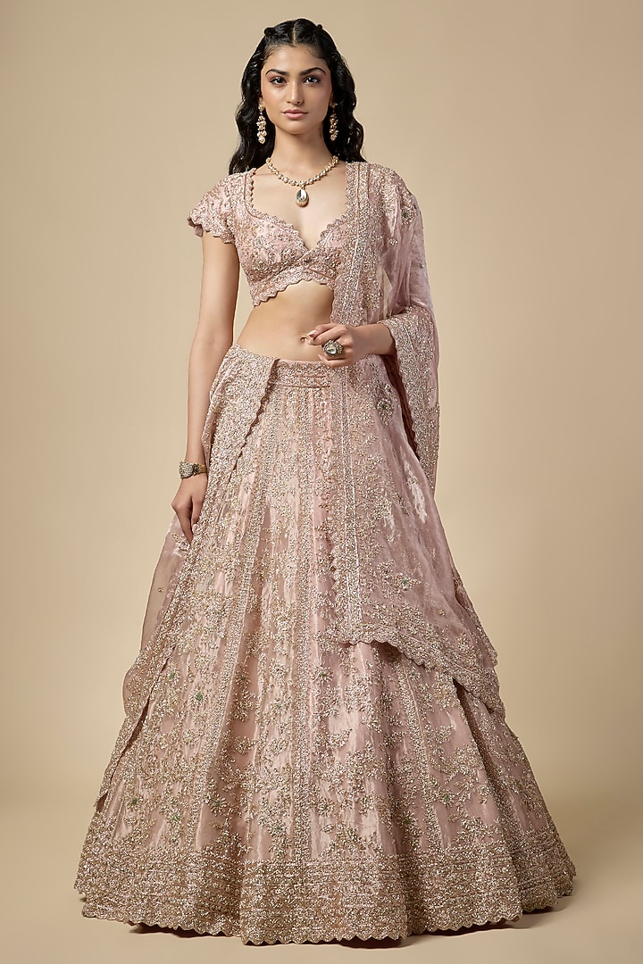 Rose Pink Tissue Zardosi Embroidered Bridal Lehenga Set by Vedant G at Pernia's Pop Up Shop