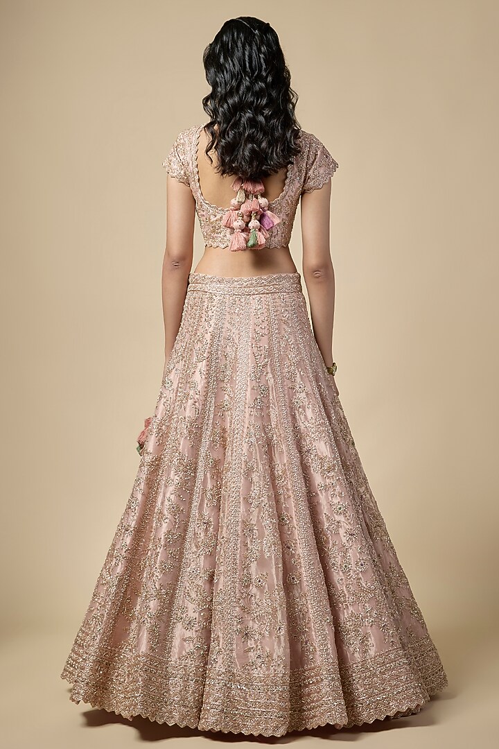 Rose Pink Tissue Zardosi Embroidered Bridal Lehenga Set by Vedant G at Pernia's Pop Up Shop