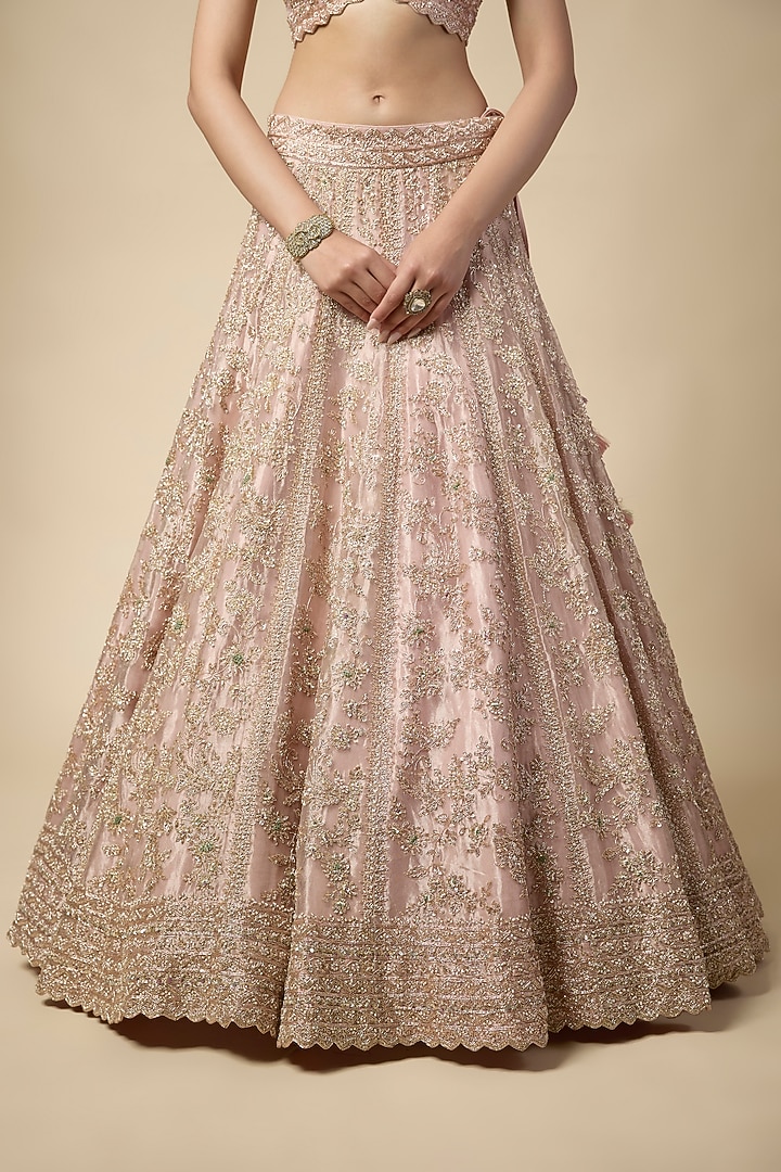 Rose Pink Tissue Zardosi Embroidered Bridal Lehenga Set by Vedant G at Pernia's Pop Up Shop