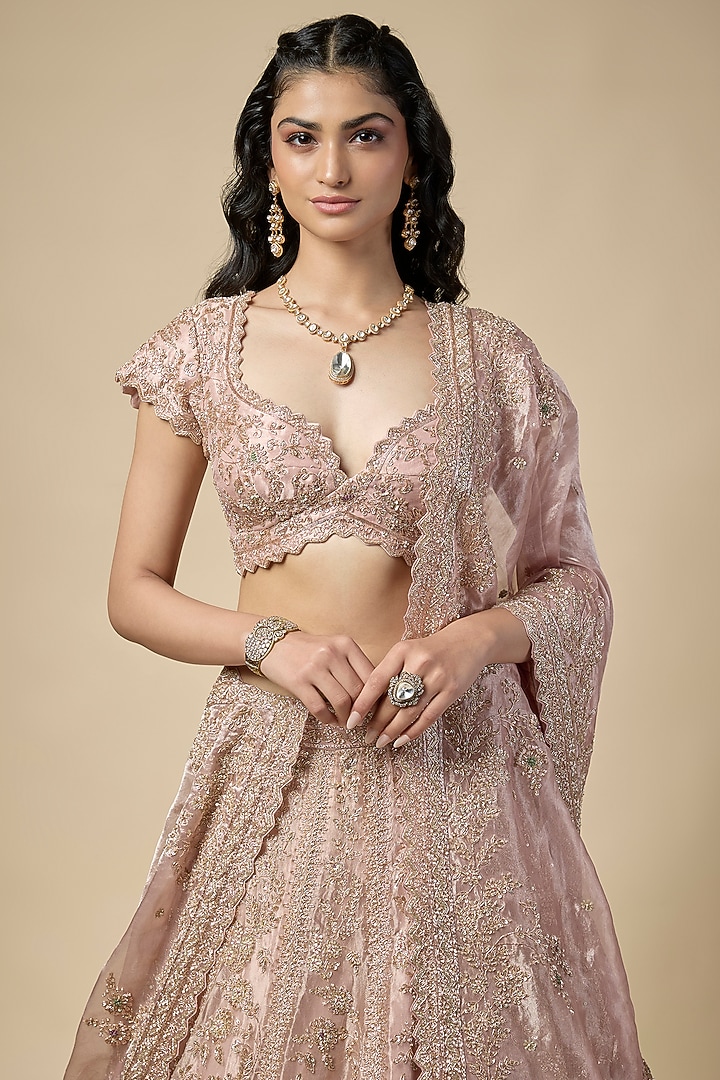 Rose Pink Tissue Zardosi Embroidered Bridal Lehenga Set by Vedant G at Pernia's Pop Up Shop
