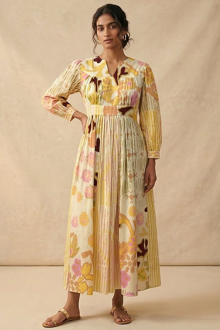 Beige Cotton Printed Summer Dress by Vedika M at Pernia's Pop Up Shop