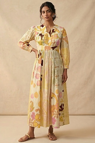 Beige Cotton Printed Dress by Vedika M