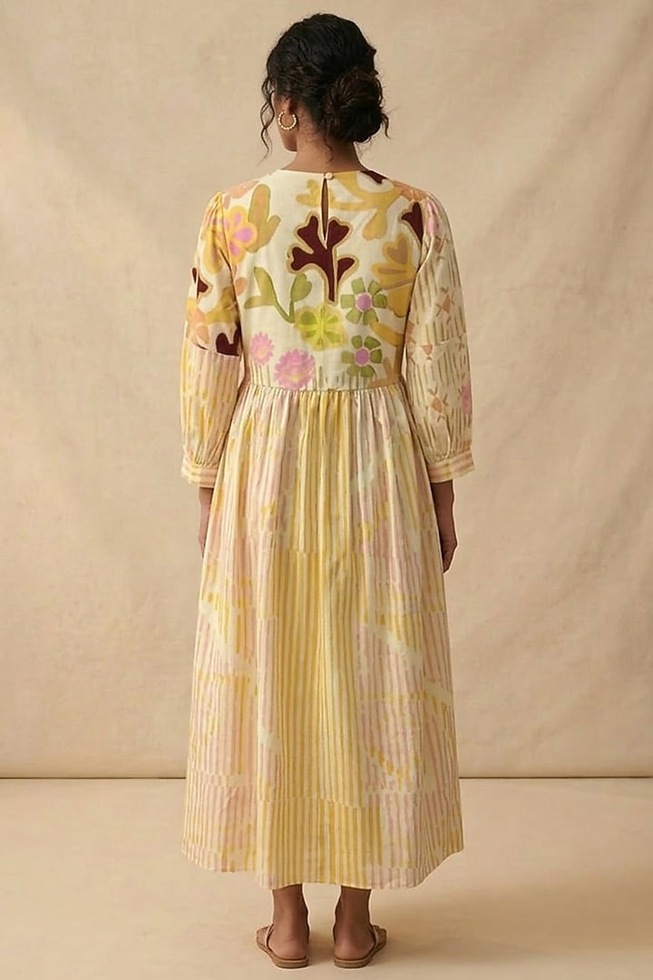 Beige Cotton Printed Summer Dress by Vedika M at Pernia's Pop Up Shop