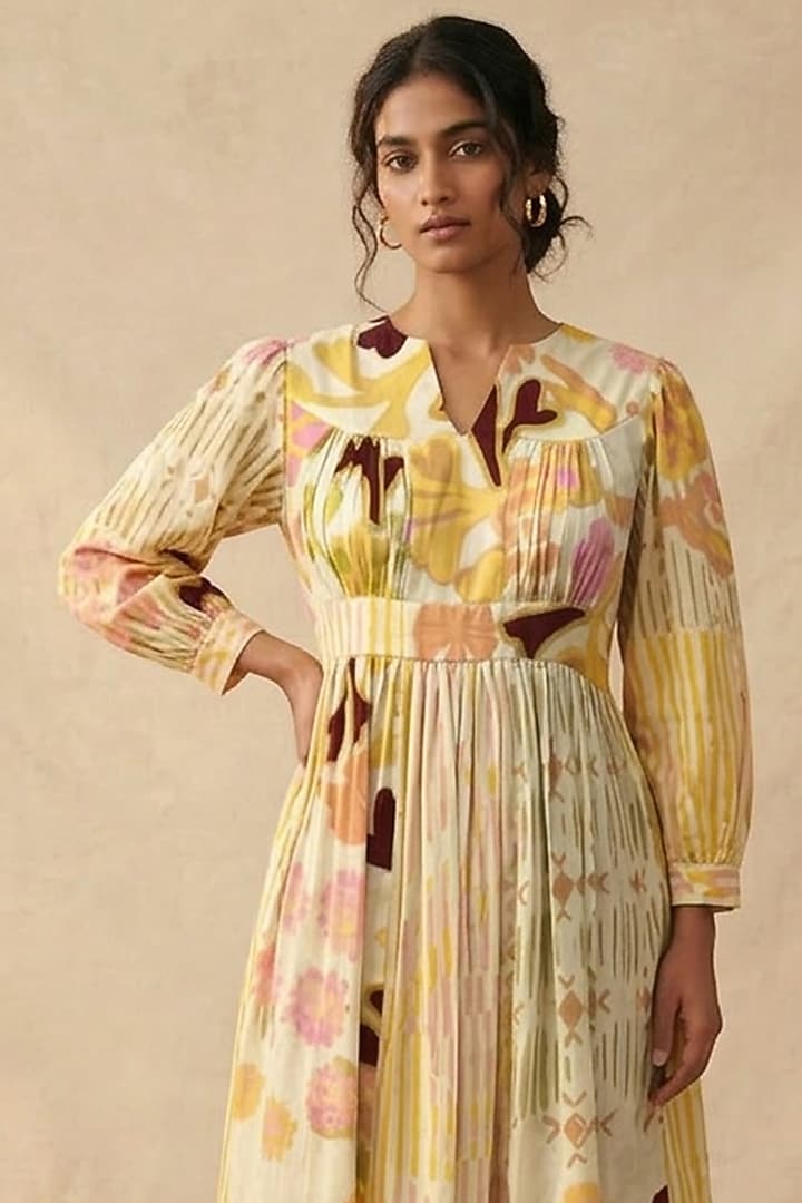 Beige Cotton Printed Summer Dress by Vedika M at Pernia's Pop Up Shop