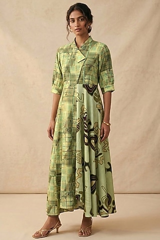 Green Cotton Printed Dress by Vedika M