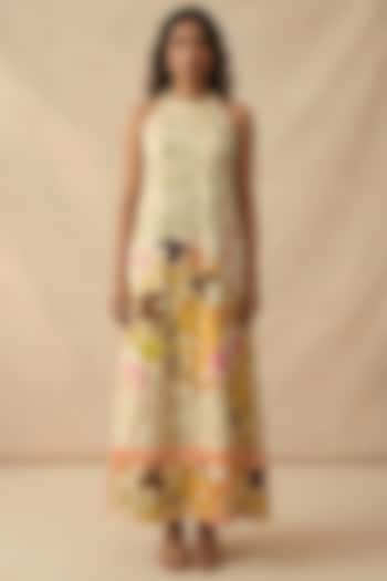 Beige Cotton Satin Printed Summer Dress by Vedika M at Pernia's Pop Up Shop