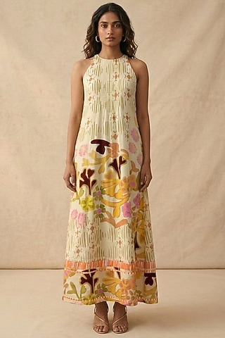 Beige Cotton Satin Printed Dress by Vedika M