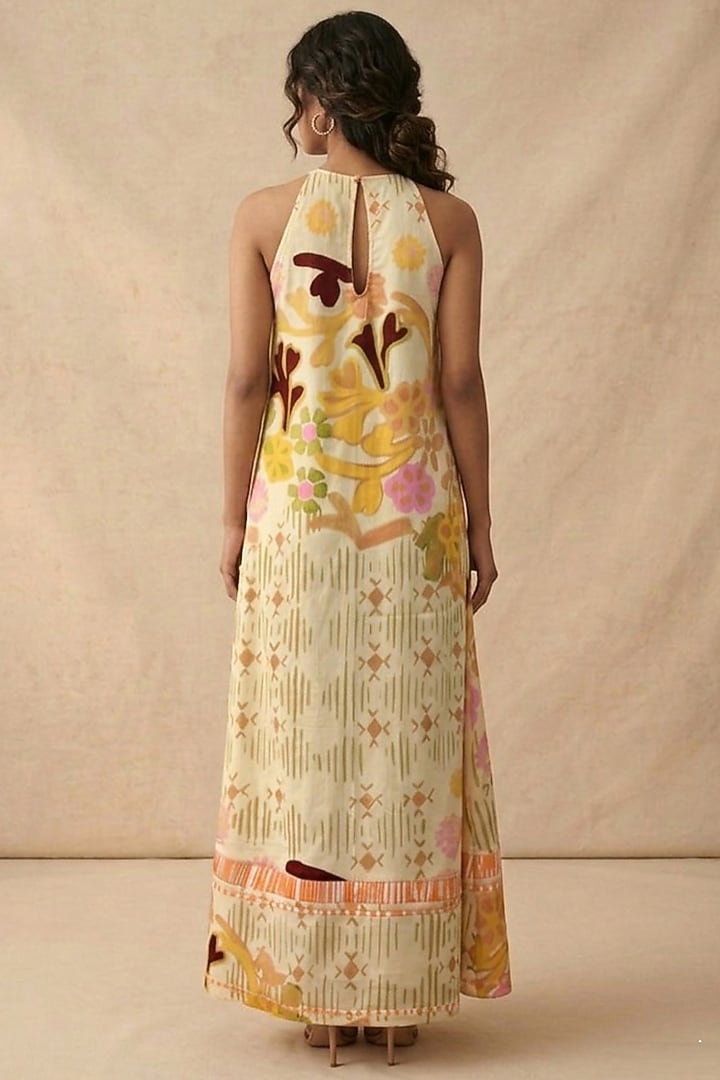 Beige Cotton Satin Printed Summer Dress by Vedika M at Pernia's Pop Up Shop