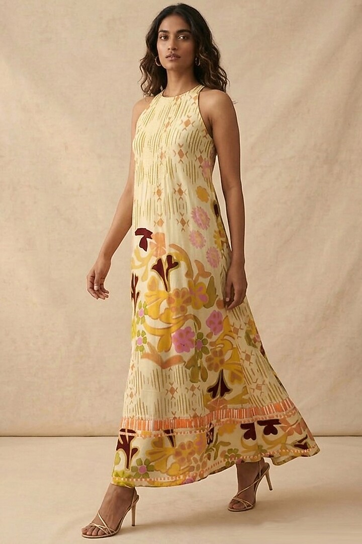 Beige Cotton Satin Printed Summer Dress by Vedika M at Pernia's Pop Up Shop