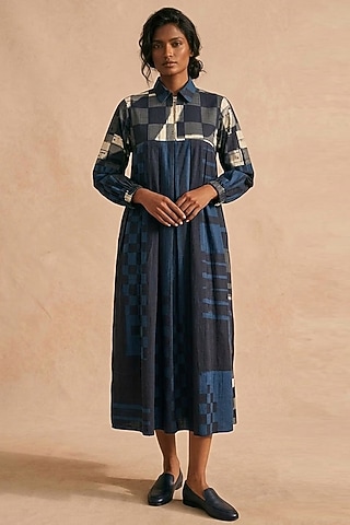 Blue Cotton Printed Midi Dress by Vedika M