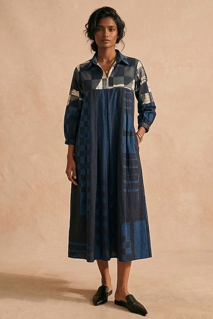 Blue Cotton Printed Midi Summer Dress by Vedika M at Pernia's Pop Up Shop