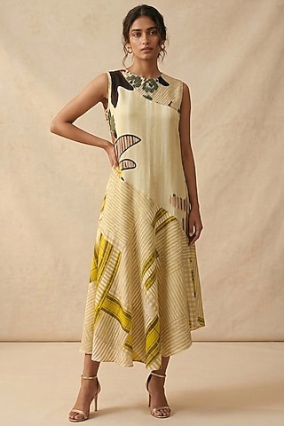 Green Cotton Satin Printed Dress by Vedika M