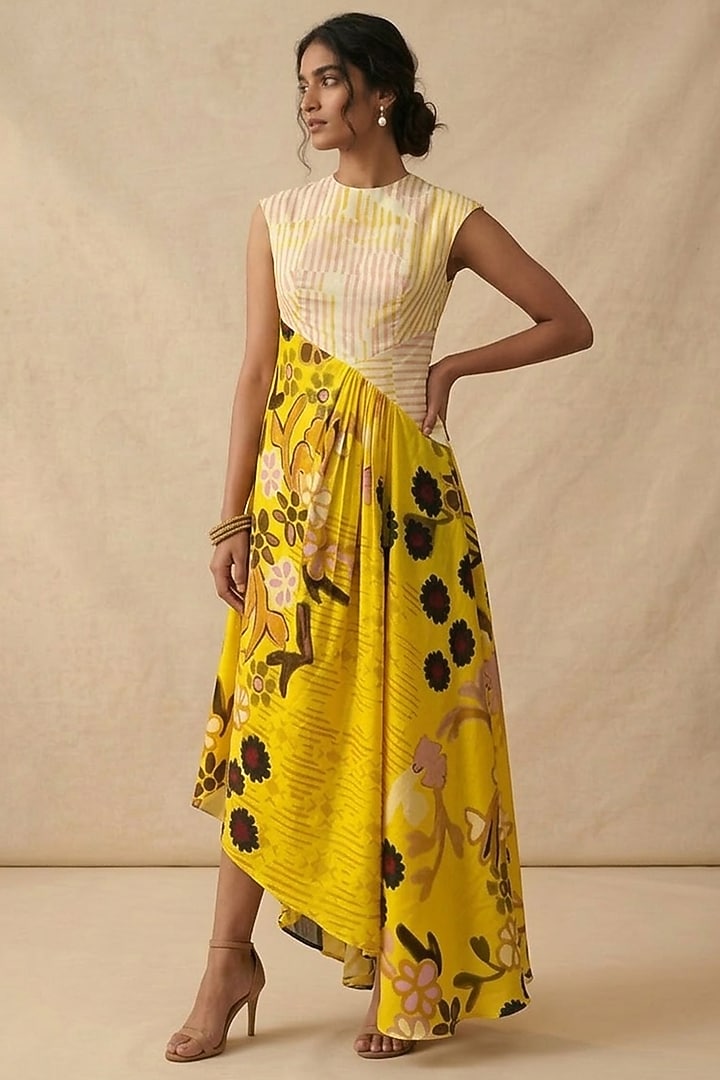 Yellow Cotton Printed Summer Dress by Vedika M at Pernia's Pop Up Shop