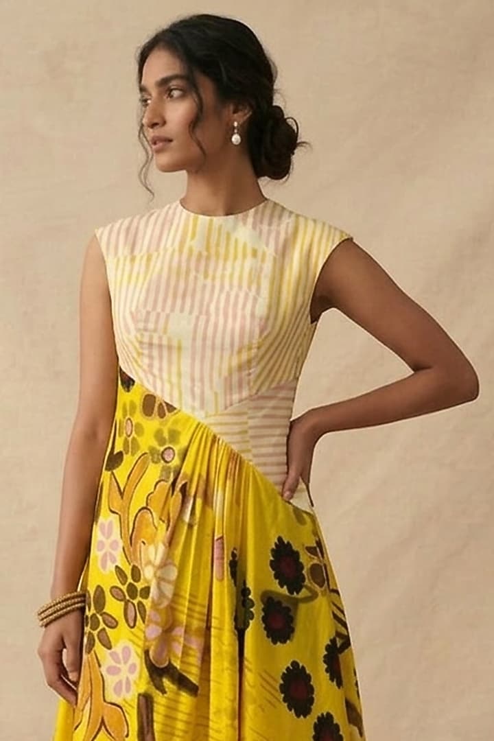 Yellow Cotton Printed Summer Dress by Vedika M at Pernia's Pop Up Shop