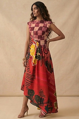 Red Cotton Printed Dress by Vedika M