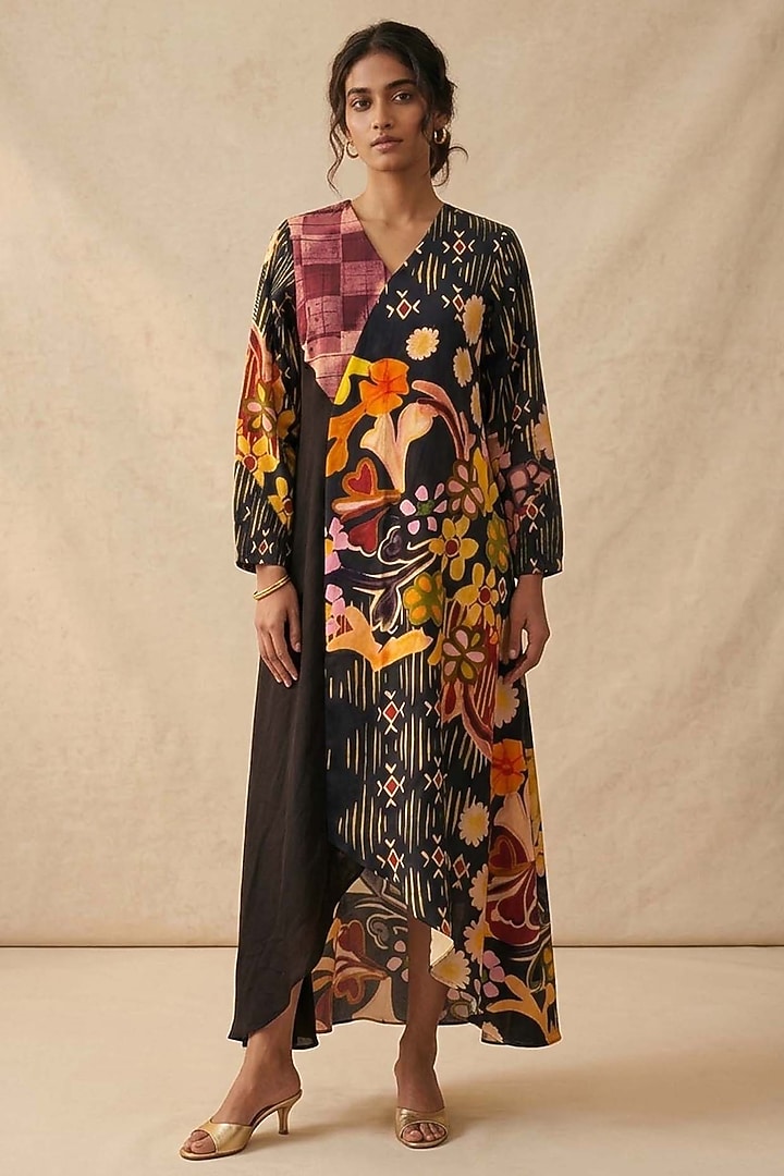 Black Cotton Satin Printed Summer Dress by Vedika M at Pernia's Pop Up Shop