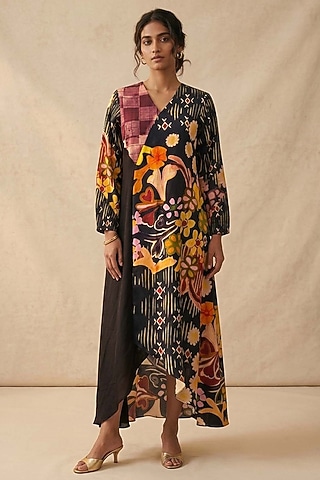 Black Cotton Satin Printed Dress by Vedika M