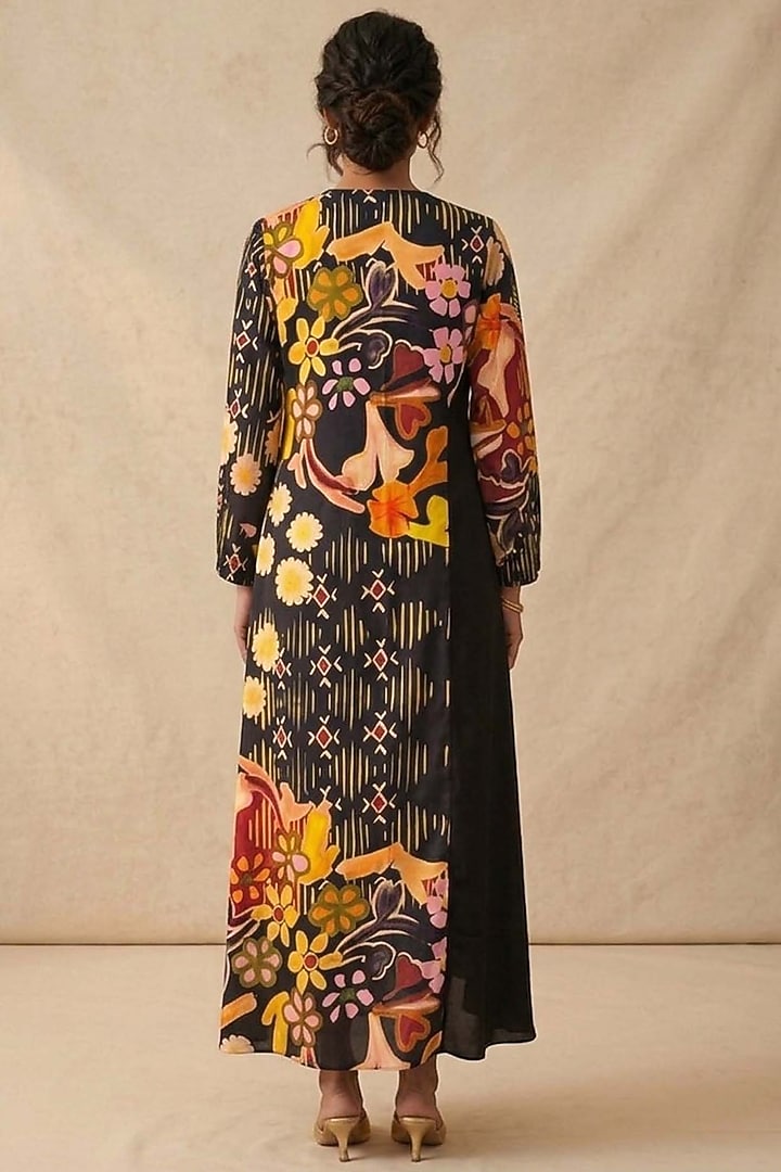 Black Cotton Satin Printed Summer Dress by Vedika M at Pernia's Pop Up Shop