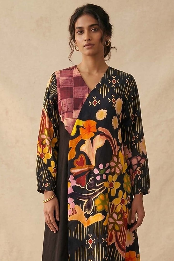 Black Cotton Satin Printed Summer Dress by Vedika M at Pernia's Pop Up Shop