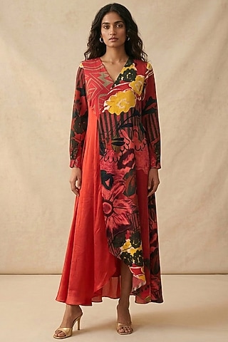 Red Cotton Satin Printed Dress by Vedika M