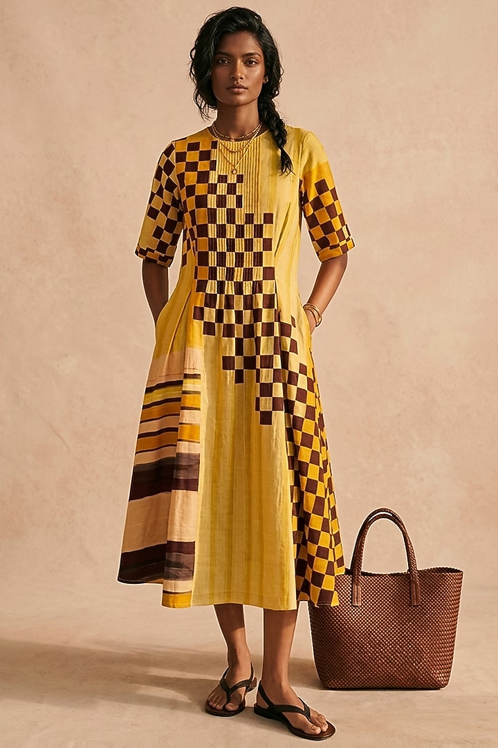 Yellow Cotton Printed Midi Summer Dress by Vedika M at Pernia's Pop Up Shop
