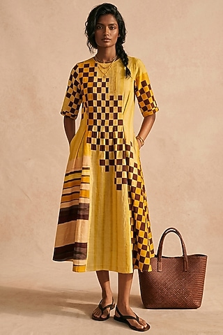 Yellow Cotton Printed Midi Dress by Vedika M