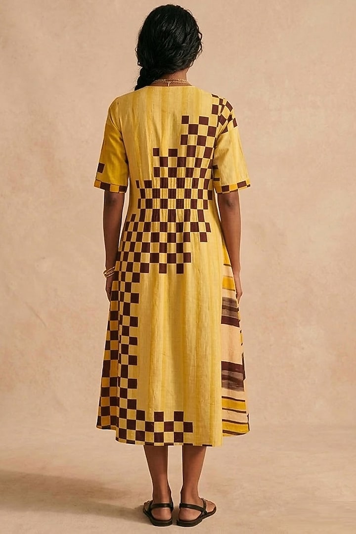 Yellow Cotton Printed Midi Summer Dress by Vedika M at Pernia's Pop Up Shop
