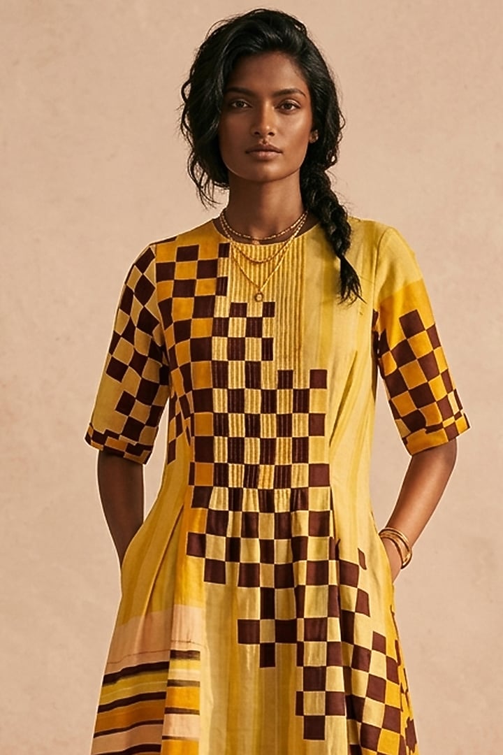 Yellow Cotton Printed Midi Summer Dress by Vedika M at Pernia's Pop Up Shop