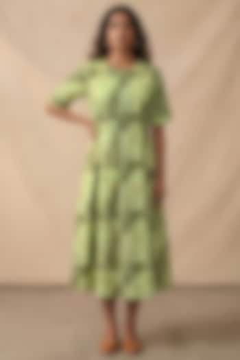 Green Cotton Printed Midi Summer Dress by Vedika M at Pernia's Pop Up Shop