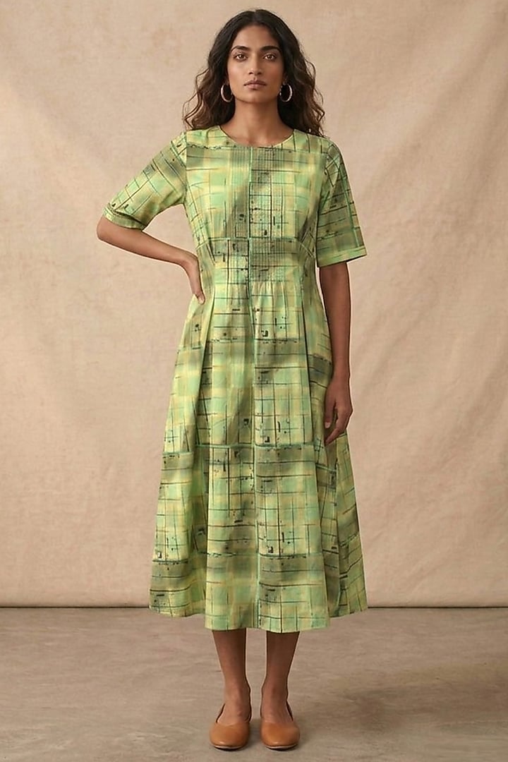 Green Cotton Printed Midi Summer Dress by Vedika M at Pernia's Pop Up Shop