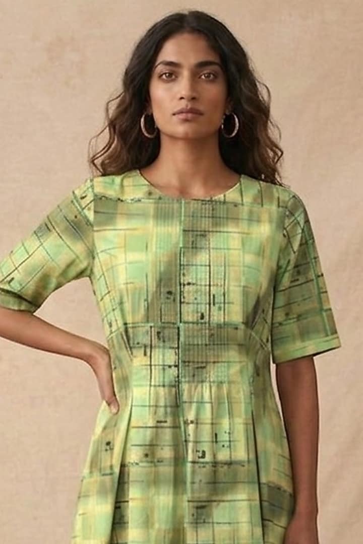 Green Cotton Printed Midi Summer Dress by Vedika M at Pernia's Pop Up Shop