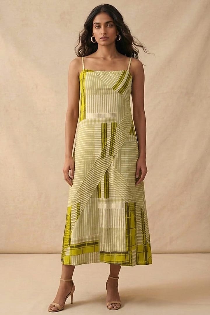 Green Cotton Satin Printed Summer Dress by Vedika M at Pernia's Pop Up Shop