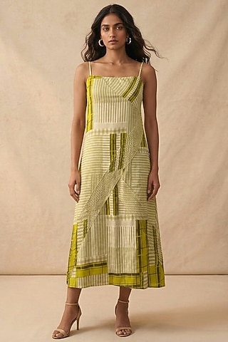 Green Cotton Satin Printed Dress by Vedika M