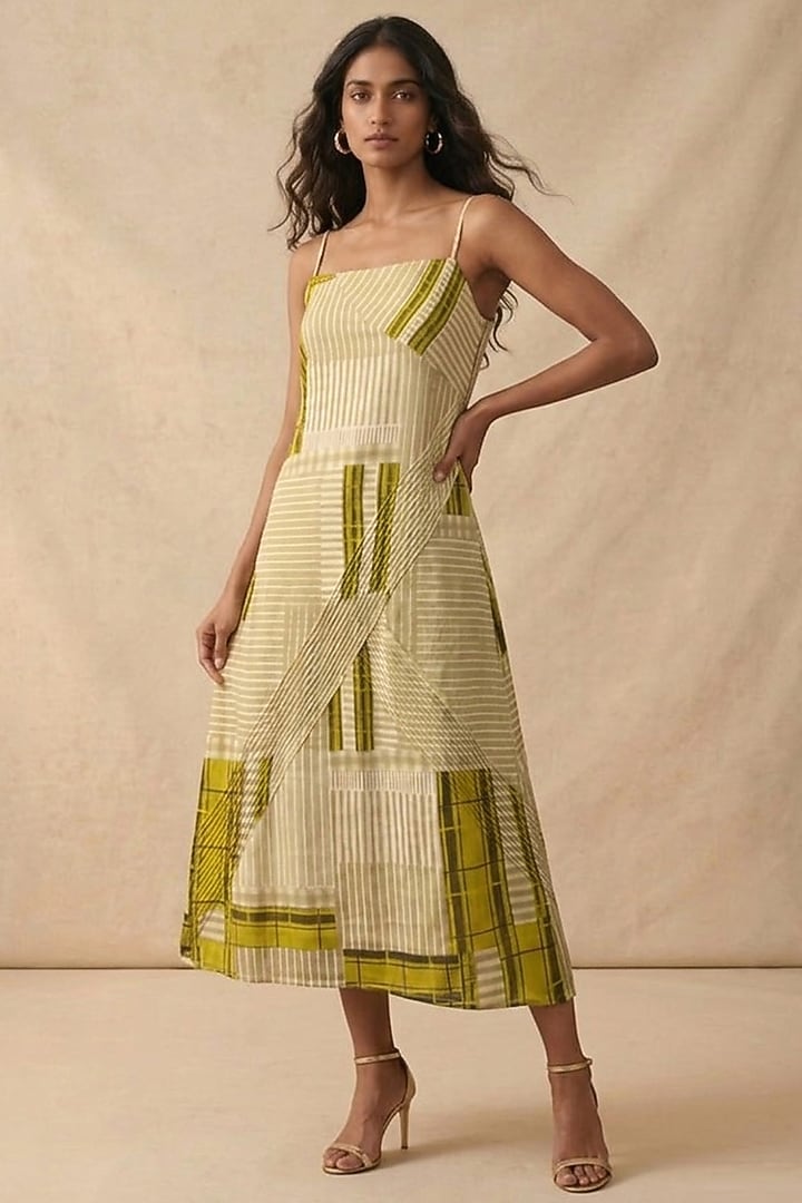 Green Cotton Satin Printed Summer Dress by Vedika M at Pernia's Pop Up Shop